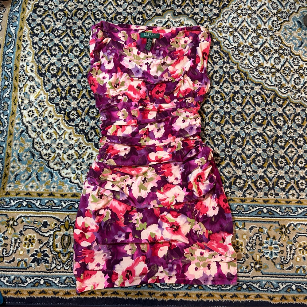 Ralph Lauren Ruched Off the Shoulder Like New Purple Floral Dress